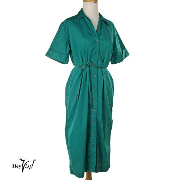 Winne Kaye Dresses Vintage Green Cotton Button Front Shirt Dress L